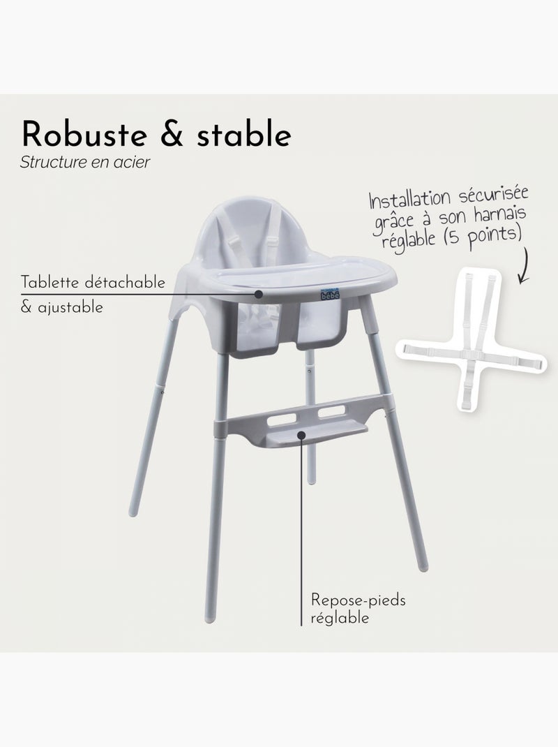 Chaise haute bébé, enfant, réglable hauteur et tablette - Délice - Monsieur Bébé Blanc Blanc - Kiabi