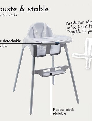 Chaise haute bébé, enfant, réglable hauteur et tablette - Délice Gris - Monsieur Bébé