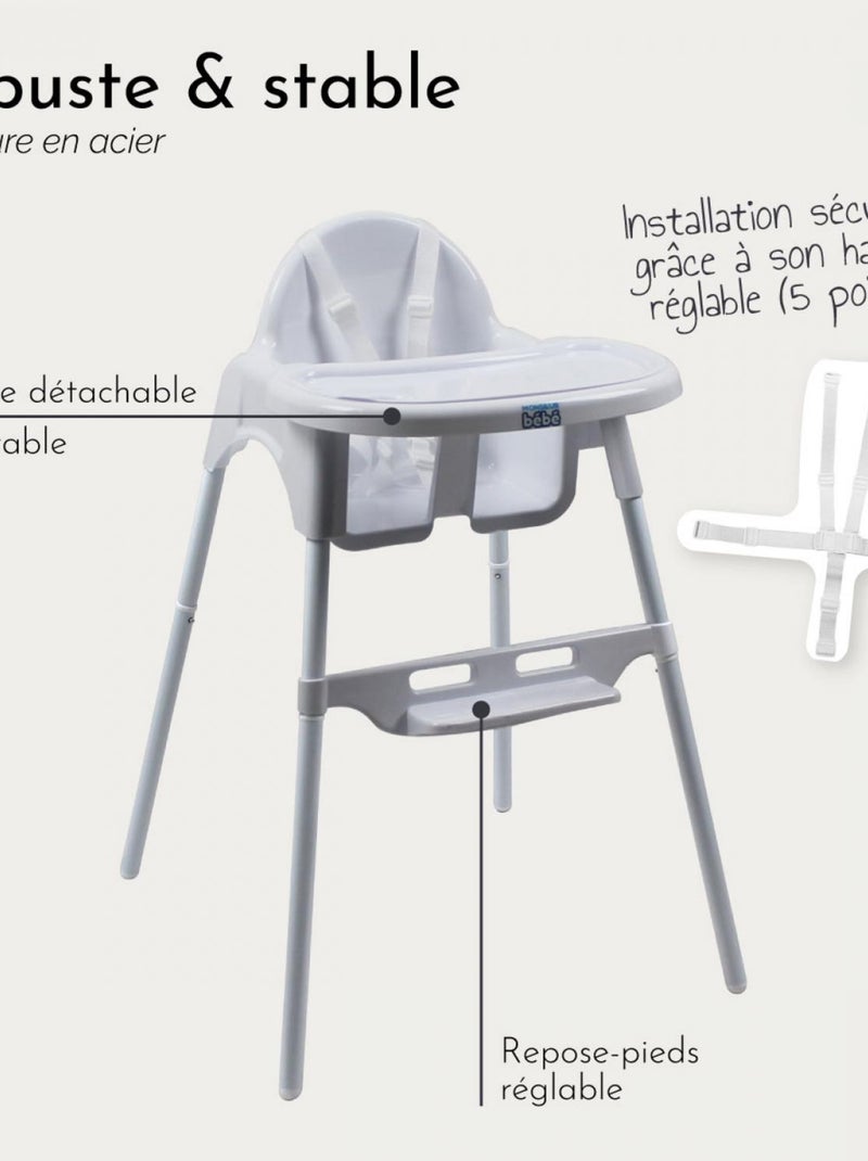 Chaise haute bébé, enfant, réglable hauteur et tablette - Délice - Monsieur Bébé Blanc - Kiabi