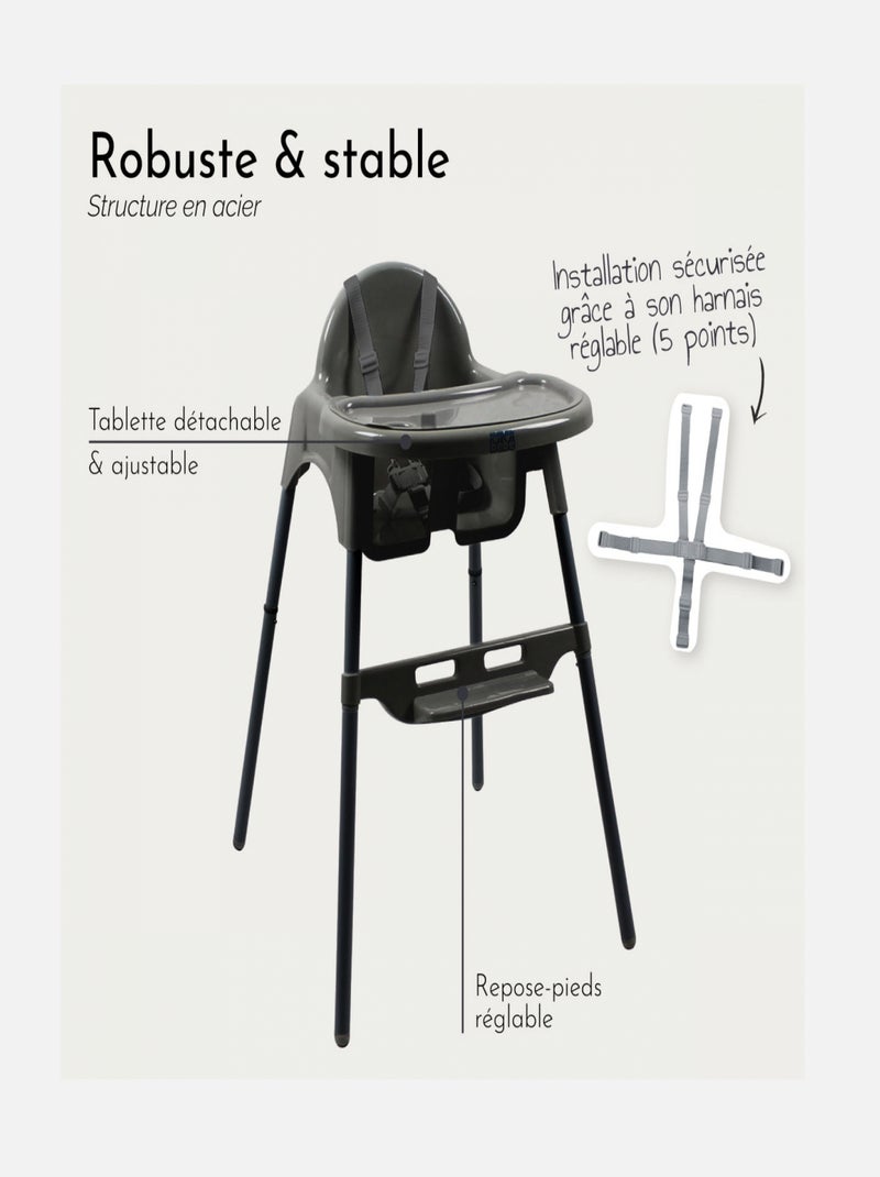 Chaise haute bébé, enfant, réglable hauteur et tablette - Délice - Monsieur Bébé Gris foncé - Kiabi