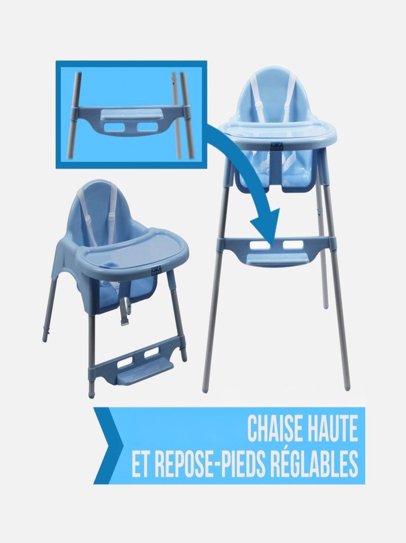 Chaise haute bébé, enfant, réglable hauteur et tablette - Délice Gris - Monsieur Bébé Bleu - Kiabi