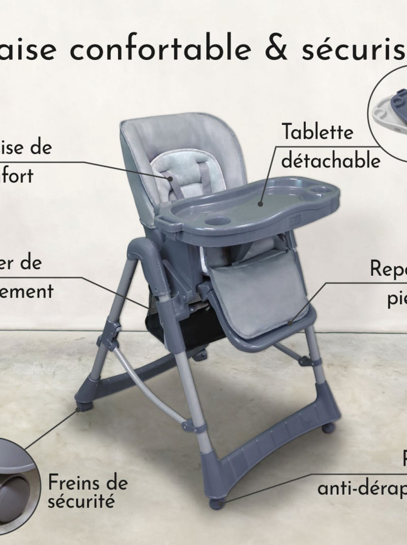 Chaise haute bébé pliable réglable hauteur dossier tablette - Ptit -  Agate - Monsieur Bébé Gris foncé - Kiabi