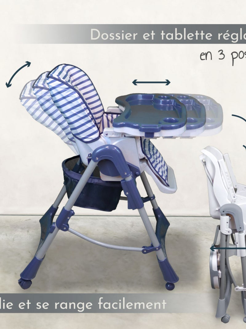 Chaise haute bébé pliable réglable hauteur dossier tablette - Ptit - Marin - Monsieur Bébé Bleu foncé - Kiabi
