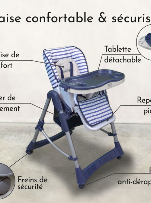 Chaise haute bébé pliable réglable hauteur dossier tablette - Ptit - Marin - Monsieur Bébé - Kiabi Chaise haute bébé pliable réglable hauteur dossier tablette - Ptit - Marin - Monsieur Bébé - Kiabi