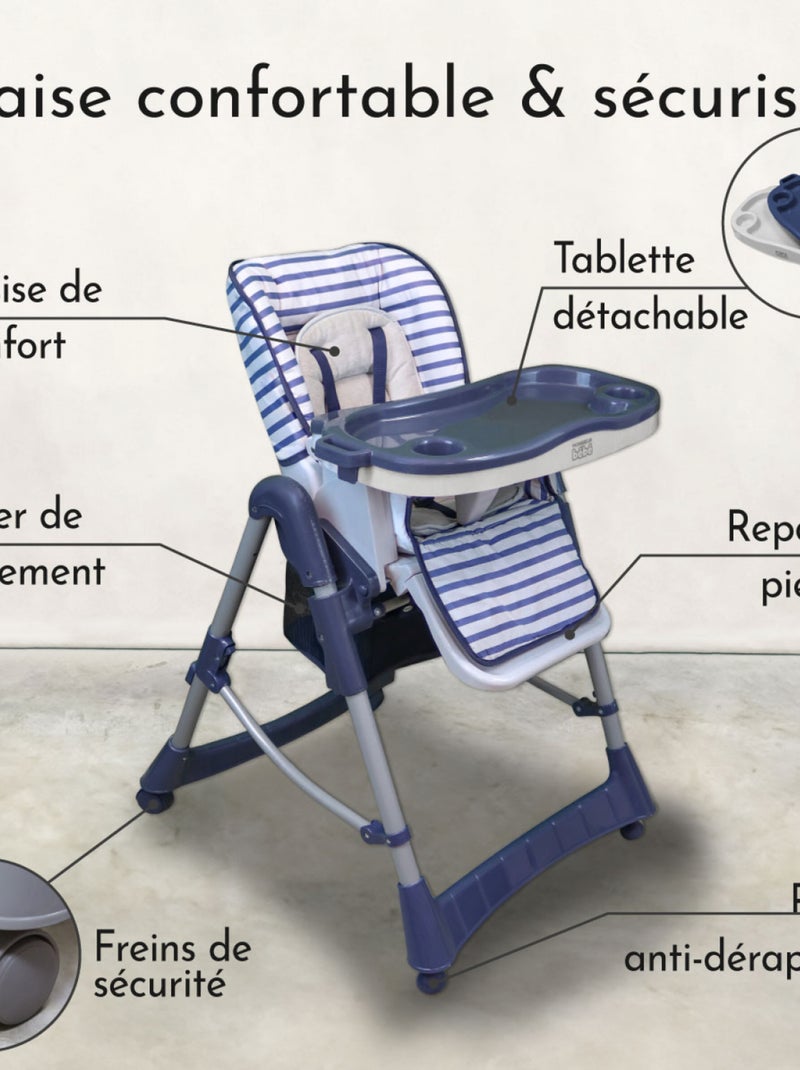 Chaise haute bébé pliable réglable hauteur dossier tablette - Ptit - Marin - Monsieur Bébé Bleu foncé - Kiabi
