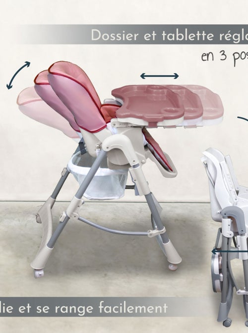 Chaise haute bébé pliable réglable hauteur dossier tablette - Ptit - Rosa - Monsieur Bébé - Kiabi