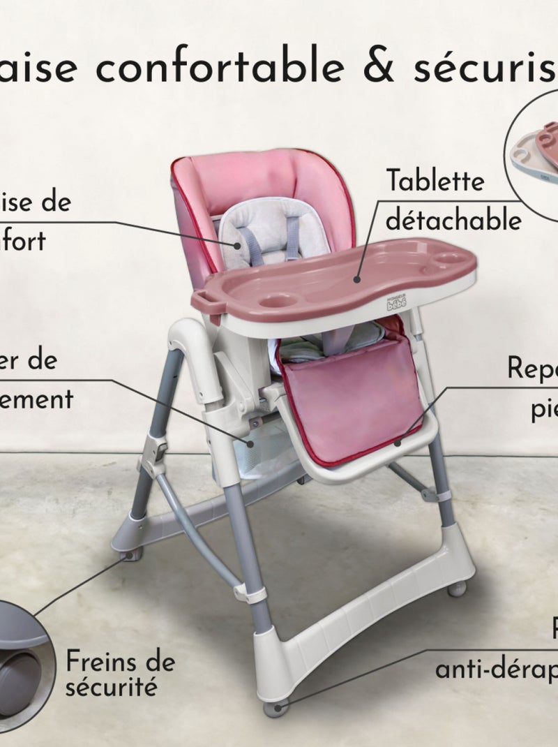 Chaise haute bébé pliable réglable hauteur dossier tablette - Ptit - Rosa - Monsieur Bébé Rose - Kiabi