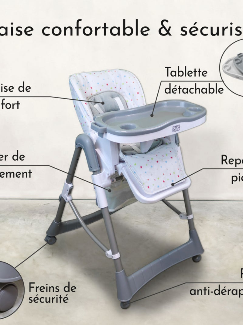 Chaise haute bébé pliable réglable hauteur dossier tablette -  Ptit - Stella - Monsieur Bébé Multicolore - Kiabi