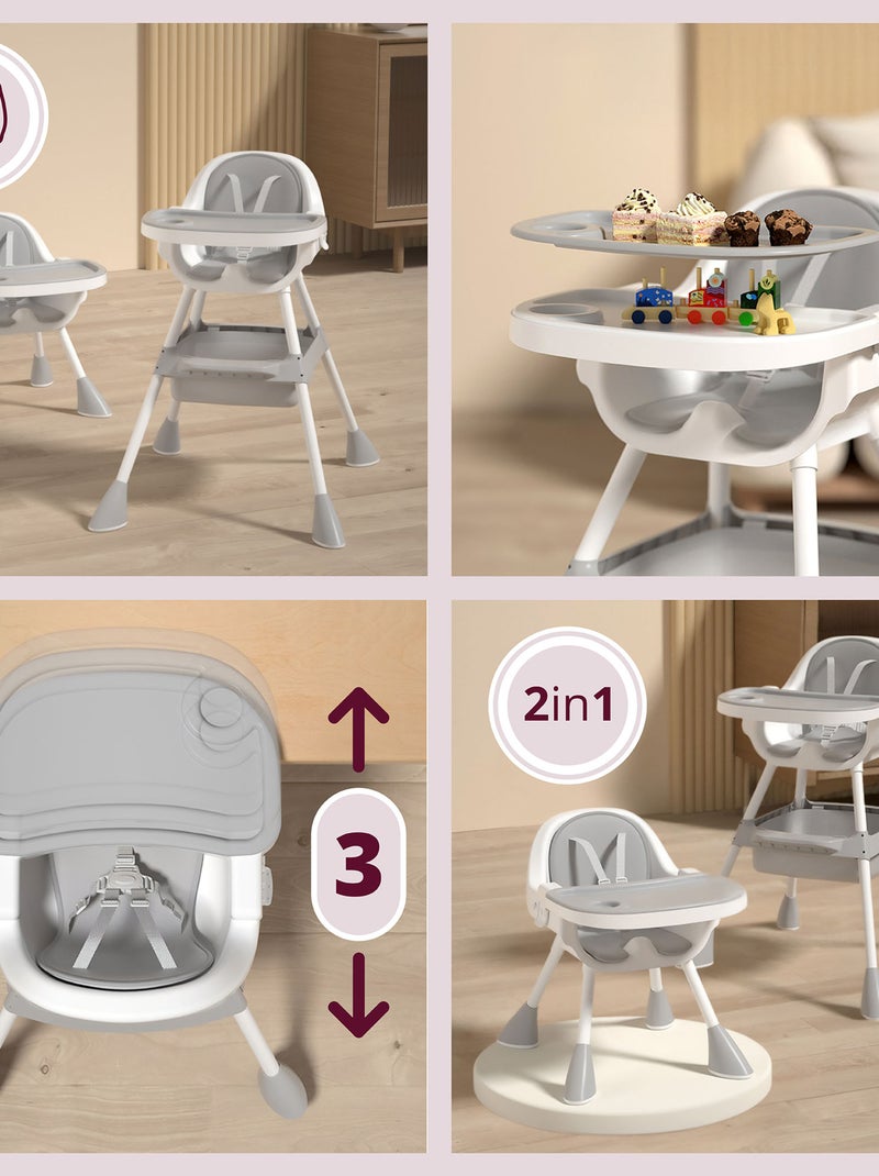 Chaise Haute Bébé Réglable, Chaise Enfant - Plateau Double - Coussin Similicuir Gris - Kiabi