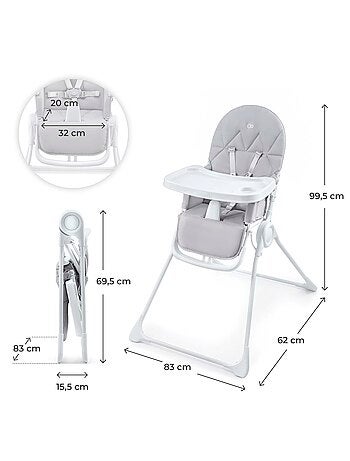 Chaise Haute Kinderkraft BINCI Pliable avec Plateau Réglable, Harnais 5 Points et Repose-Pieds