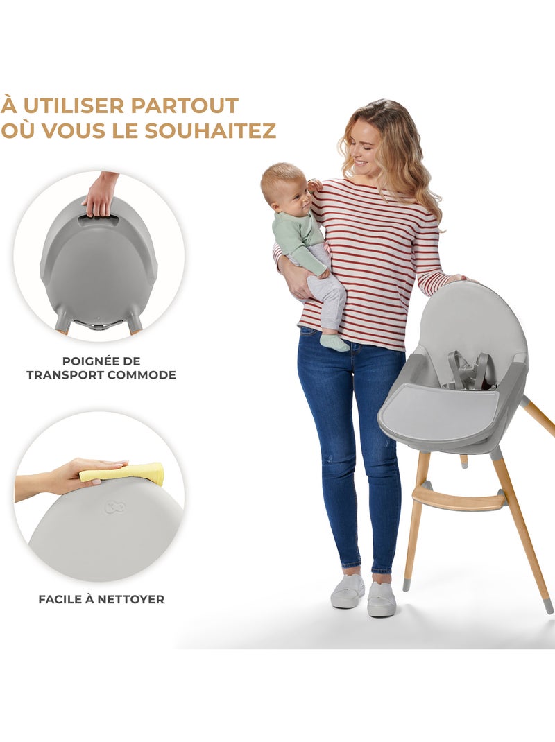 Chaise Haute Kinderkraft FINI 2 avec Plateau Réglable, Harnais 5 Points et Assise en Éco-Cuir Gris - Kiabi