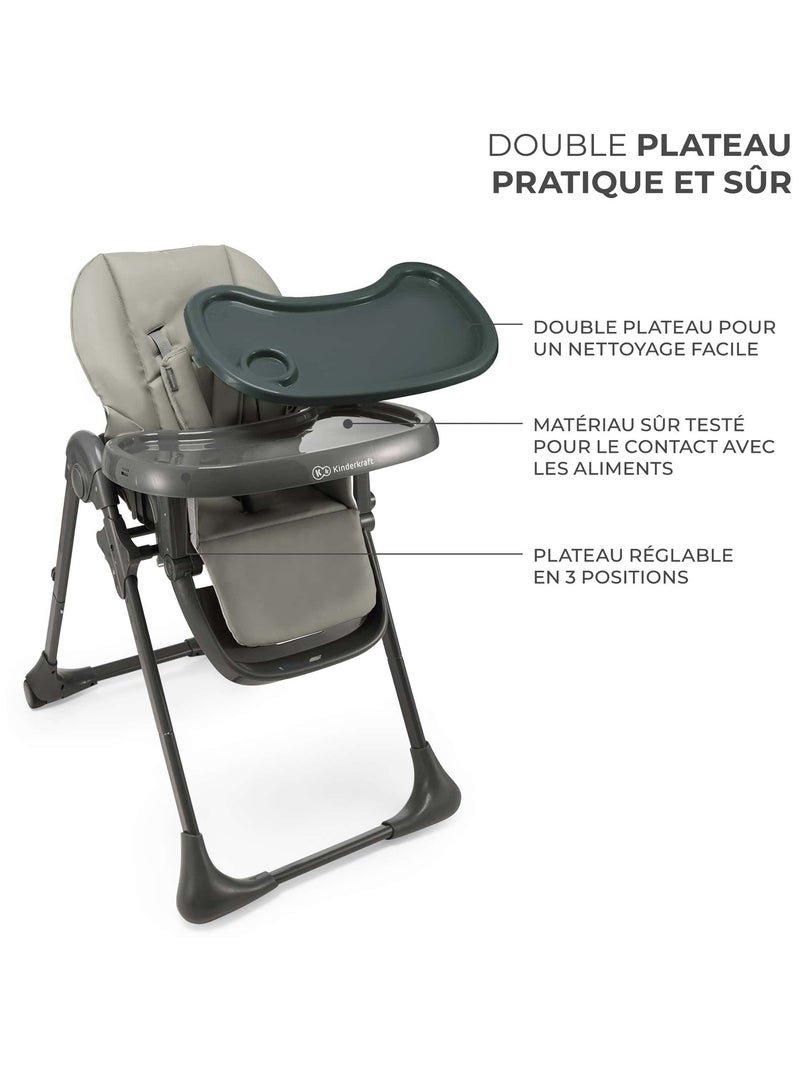 Chaise Haute Kinderkraft TUMMIE 2 en 1 avec Fonction Transat, 7 Hauteurs et Double Plateau Gris - Kiabi