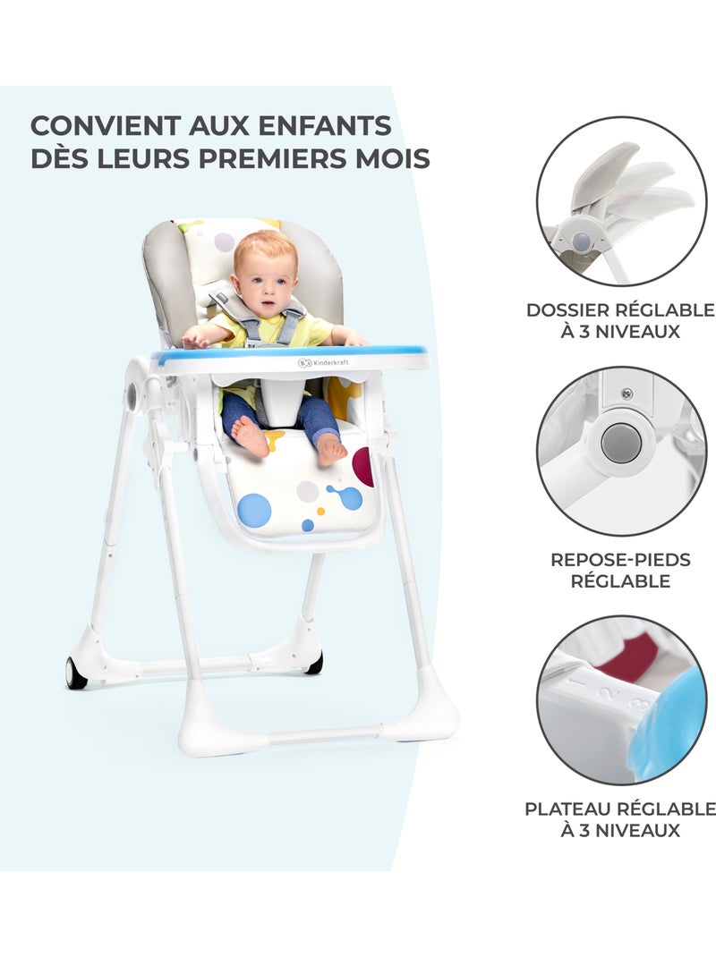 Chaise haute Kinderkraft YUMMY pliable avec dossier réglable, harnais 5 points et 7 hauteurs Gris - Kiabi