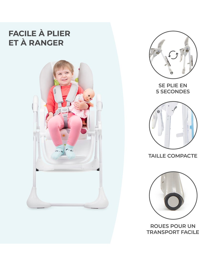 Chaise haute Kinderkraft YUMMY pliable avec dossier réglable, harnais 5 points et 7 hauteurs Gris - Kiabi