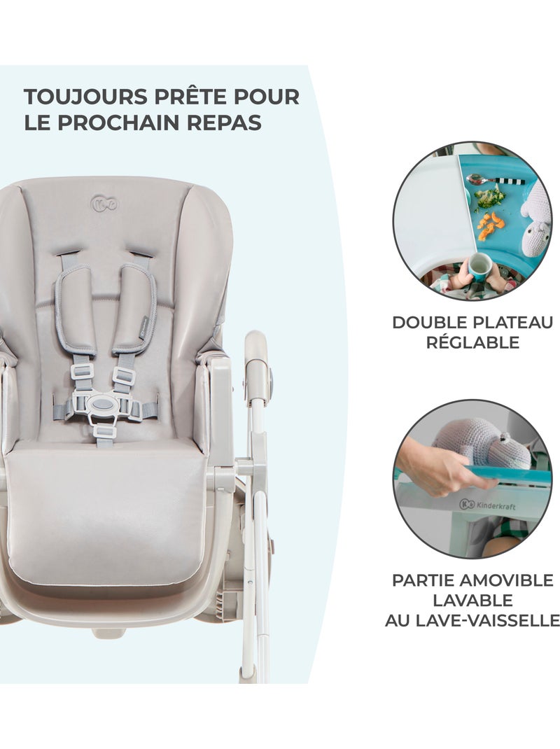 Chaise haute Kinderkraft YUMMY pliable avec dossier réglable, harnais 5 points et 7 hauteurs Gris - Kiabi