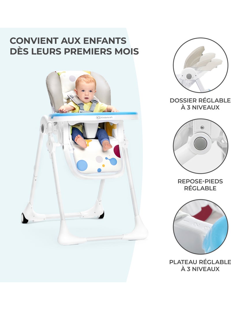 Chaise haute Kinderkraft YUMMY pliable avec dossier réglable, harnais 5 points et 7 hauteurs Multicolore - Kiabi