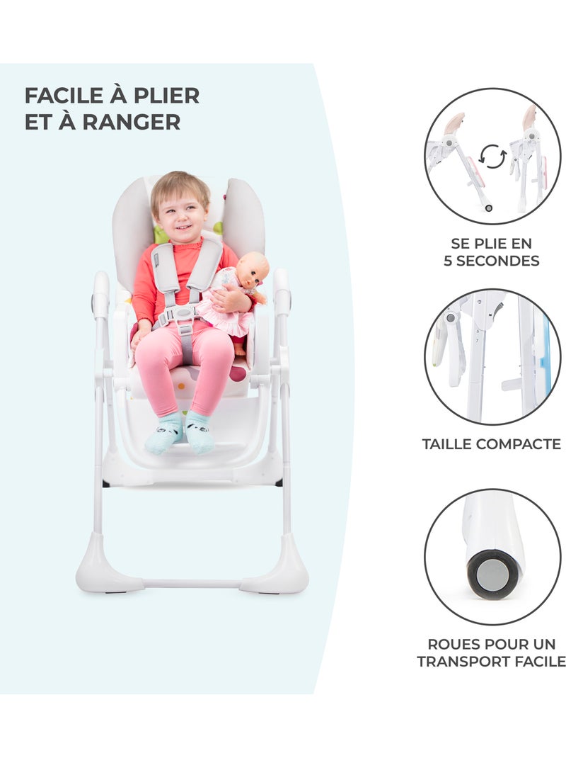 Chaise haute Kinderkraft YUMMY pliable avec dossier réglable, harnais 5 points et 7 hauteurs Rose - Kiabi