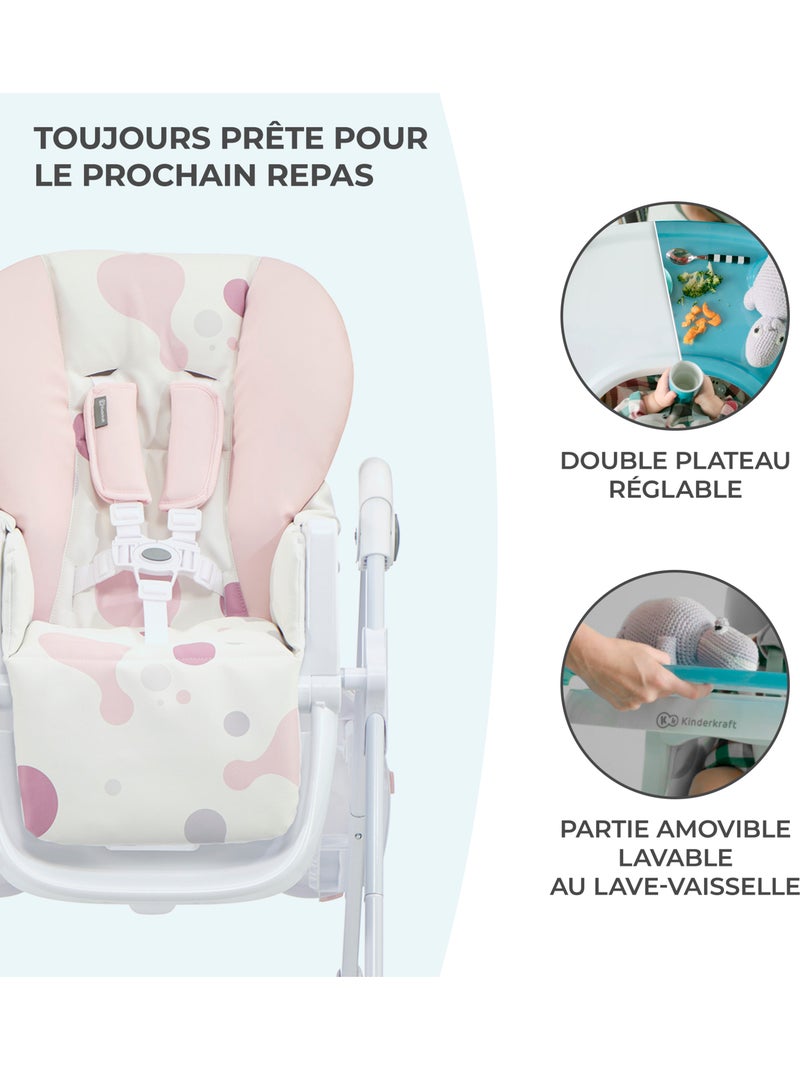 Chaise haute Kinderkraft YUMMY pliable avec dossier réglable, harnais 5 points et 7 hauteurs Rose - Kiabi