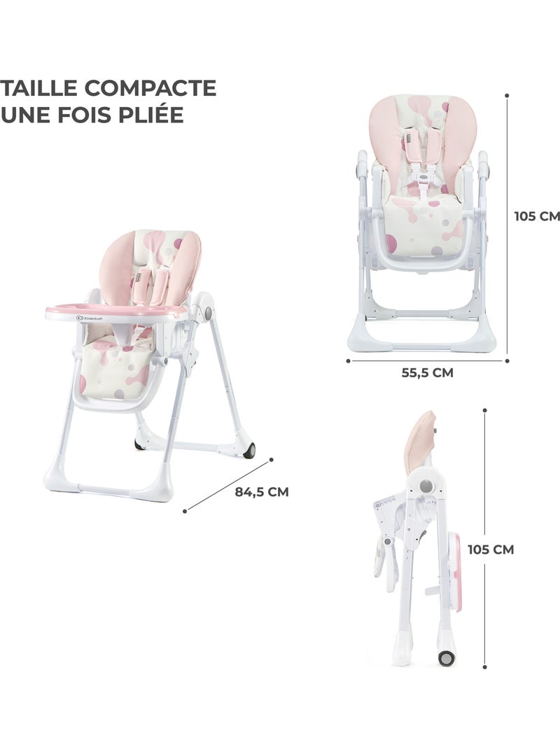 Chaise haute Kinderkraft YUMMY pliable avec dossier réglable, harnais 5 points et 7 hauteurs Rose - Kiabi