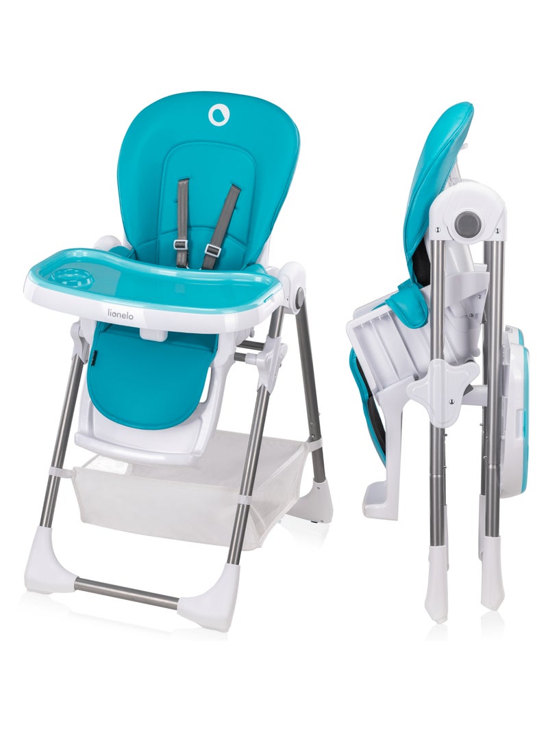 Chaise haute LIONELO Linn - Réglable hauteur - Roulettes - Panier -  Pliage compact Bleu turquoise - Kiabi