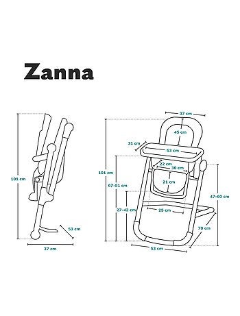Chaise haute LIONELO Zanna - Pliable - Avec roulettes - Plateau et repose-pieds réglables