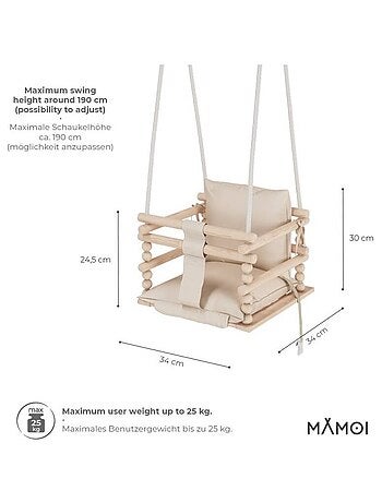 Chaise suspendue bébé en bois avec harnais de sécurité & crochet