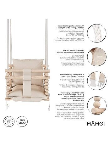 Chaise suspendue bébé en bois avec harnais de sécurité & crochet