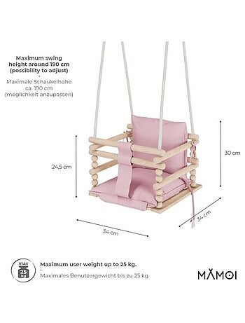 Chaise suspendue bébé en bois avec harnais de sécurité & crochet