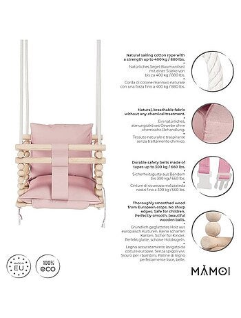 Chaise suspendue bébé en bois avec harnais de sécurité & crochet