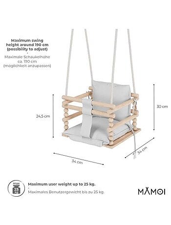 Chaise suspendue bébé en bois avec harnais de sécurité & crochet