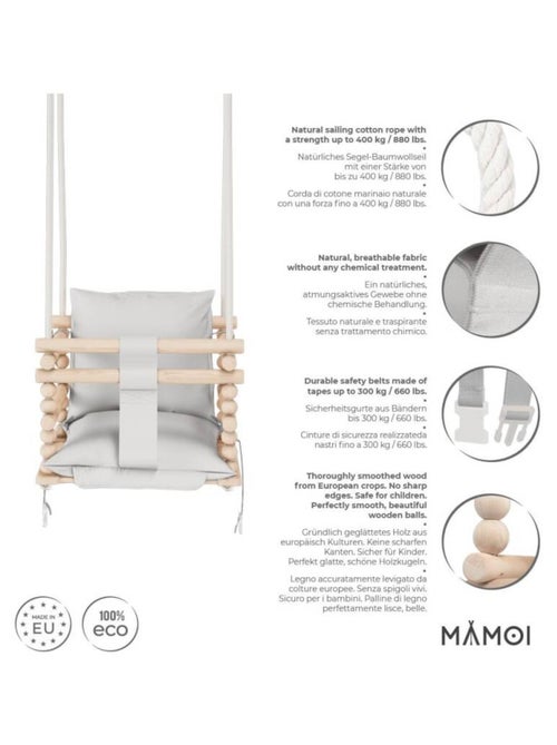 Chaise suspendue bébé en bois avec harnais de sécurité & crochet - Kiabi