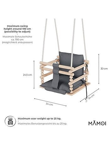 Chaise suspendue bébé en bois avec harnais de sécurité & crochet