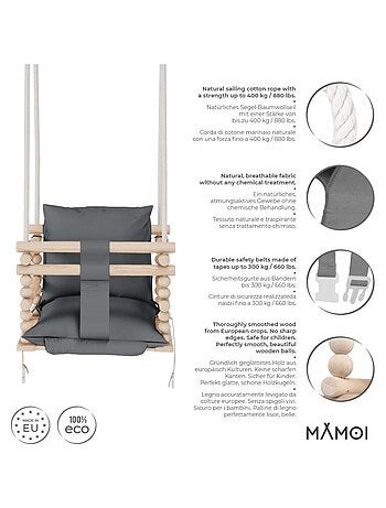 Chaise suspendue bébé en bois avec harnais de sécurité & crochet