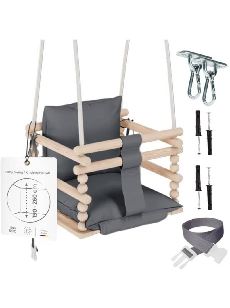 Chaise suspendue bébé en bois avec harnais de sécurité & crochet Gris foncé - Kiabi