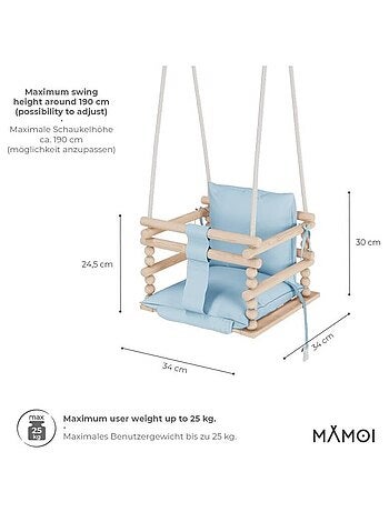 Chaise suspendue bébé en bois avec harnais de sécurité & crochet