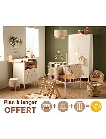 Chambre bébé 3 pièces , Lit 120x60 à barreaux, Commode à langer, armoire 2 portes - SAUTHON