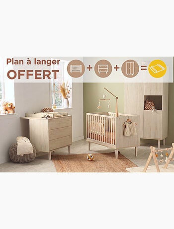 Chambre bébé 3 pièces , Lit 120x60, Commode à langer 3 tiroirs , Armoire 3 portes et 1 niche - décor