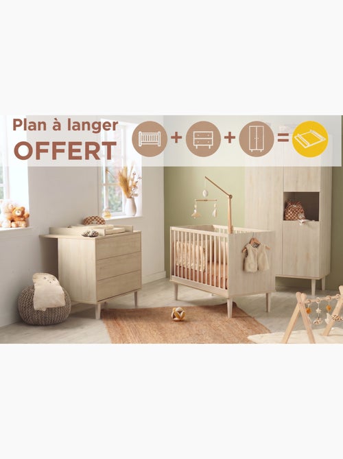 Chambre bébé 3 pièces , Lit bébé 120x60, Commode à langer 3 tiroirs , Armoire 3 portes et 1 niche - - Kiabi
