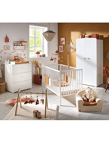 Chambre bébé complète Basic, Lit 120x60 tout barreaux, Commode à langer 3 tiroirs et Armoire 2 porte