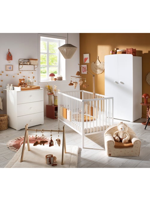 Chambre bébé complète Basic, Lit 120x60 tout barreaux, Commode à langer 3 tiroirs et Armoire 2 porte - Kiabi