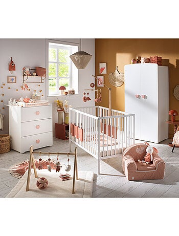 Chambre bébé complète Basic, Lit 120x60 tout barreaux, Commode à langer 3 tiroirs et Armoire 2 porte