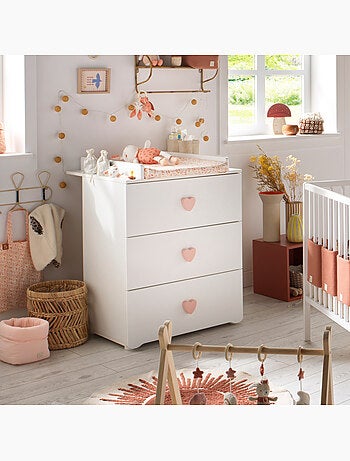 Chambre bébé complète Basic, Lit 120x60 tout barreaux, Commode à langer 3 tiroirs et Armoire 2 porte