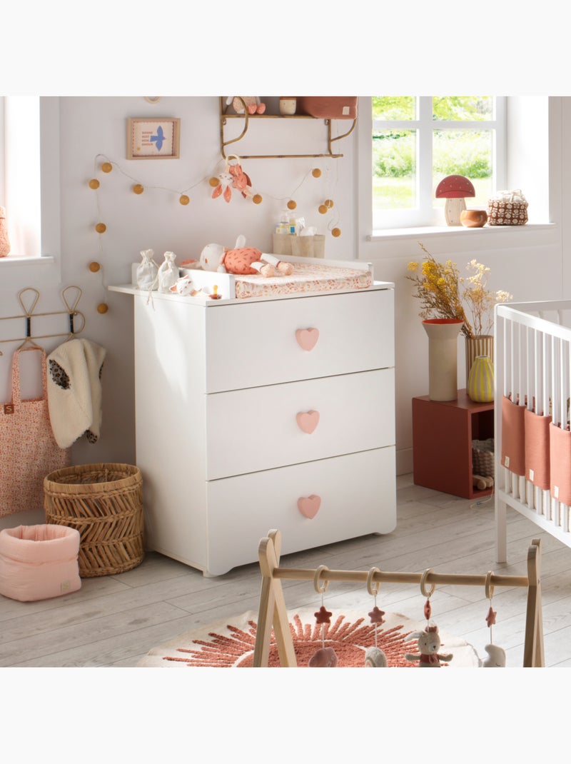 Chambre bébé complète Basic, Lit 120x60 tout barreaux, Commode à langer 3 tiroirs et Armoire 2 porte Blanc Rose - Kiabi