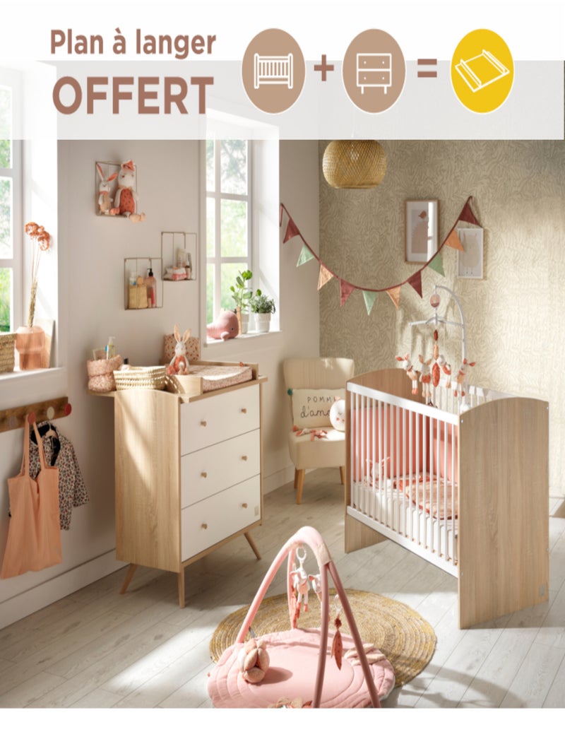 Chambre bébé complète, Lit et Commode à langer - Blanc Marron - Kiabi