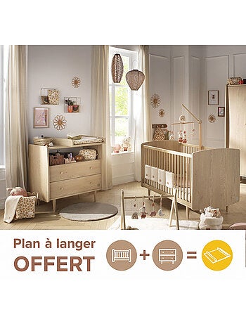 Chambre bébé duo évolutive my love, lit 140x70 évolutif et commode à langer 2 tiroirs - chêne vintag
