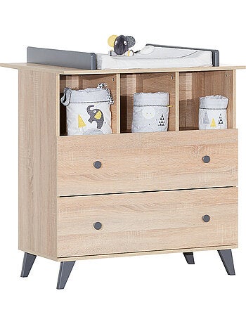 Chambre bébé duo: Lit bébé 60x120 et commode à langer 2 tiroirs décor bois chêne - SAUTHON