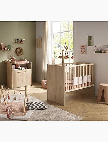 Chambre bébé duo: Lit bébé 60x120 évolutif et commode à langer 2 portes décor bois hêtre - SAUTHON