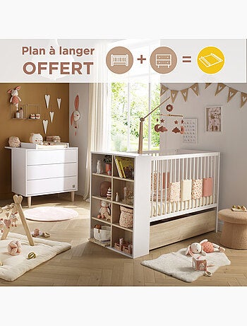 Chambre bébé, Lit 120x60 évolutif et Commode à langer 3 tiroirs - SAUTHON