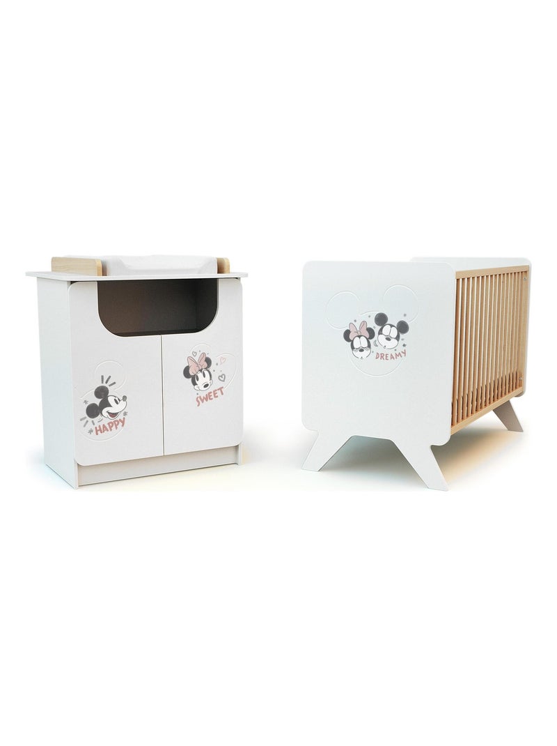 Chambre bébé lit et commode à langer DISNEY Happy Days Mickey Blanc Marron - Kiabi