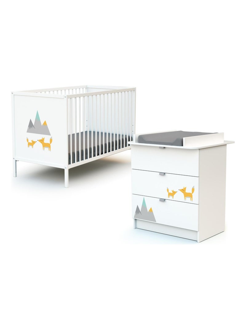 Chambre bébé lit et commode à langer en bois Renard ALBA Blanc Orange - Kiabi
